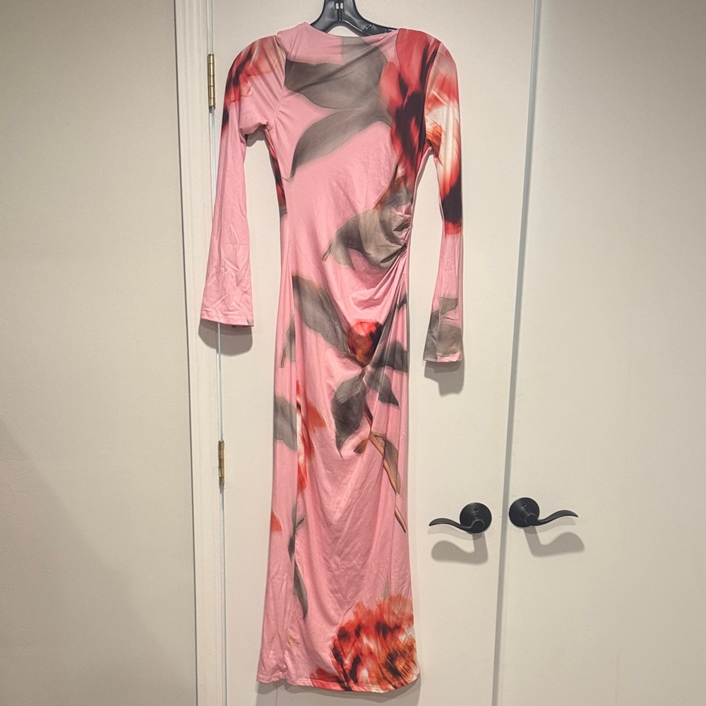ASOS Pink/Green/Red Floral Long Sleeve Dress